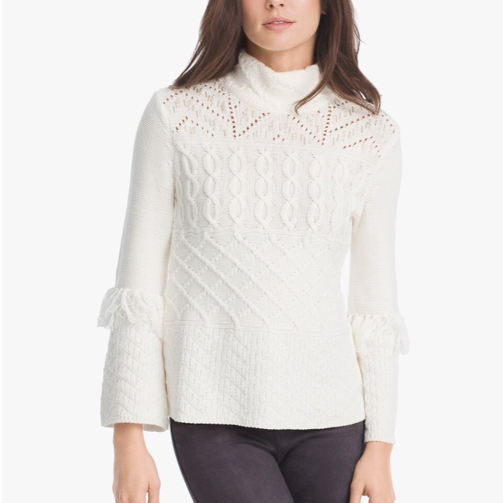 WHBM Mock Neck Embellished Fringed Sleeve Sweater in Ivory sz small